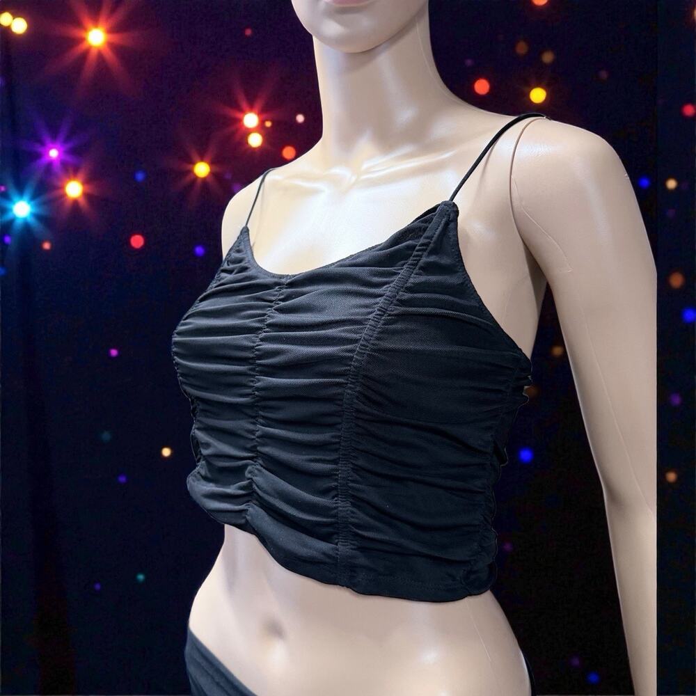 Y2K Black Ruched Crop Cami Tank Top Womens Sz M Grunge Gothic Fairy Coquette